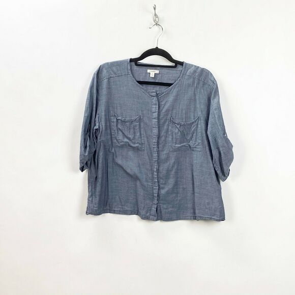 2/$30 Caslon XS Womens Blue Chambray Button-up Tab Sleeve Top - Picture 1 of 6